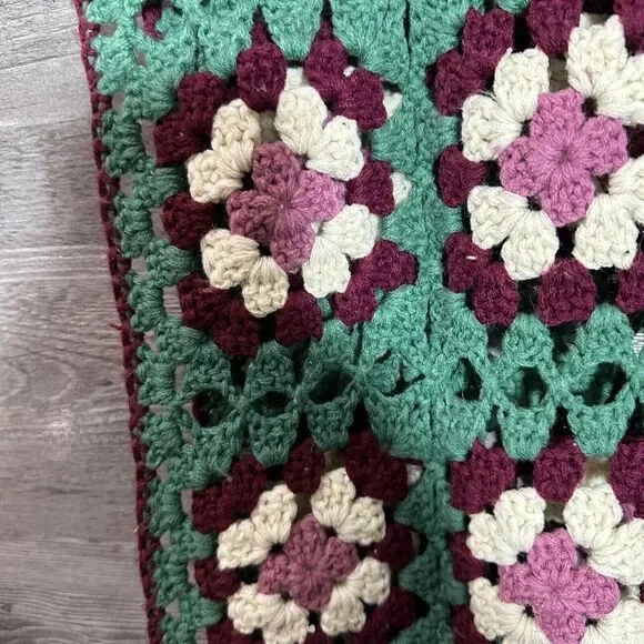 Handcrafted Floral Crochet Throw Blanket - Green, Purple, Cream - Picture 5 of 7